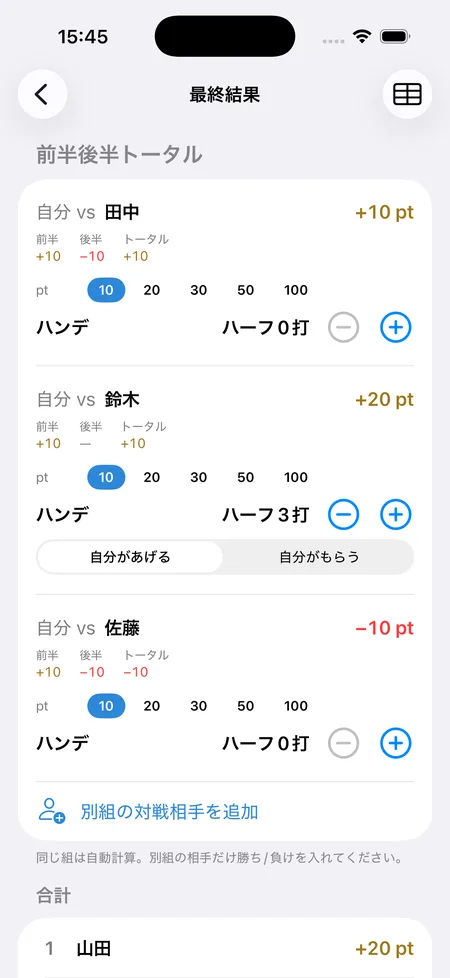 ナッソーの相手ごとの前半・後半・トータルの勝敗とハンデを自動計算したSQOREの最終結果画面
