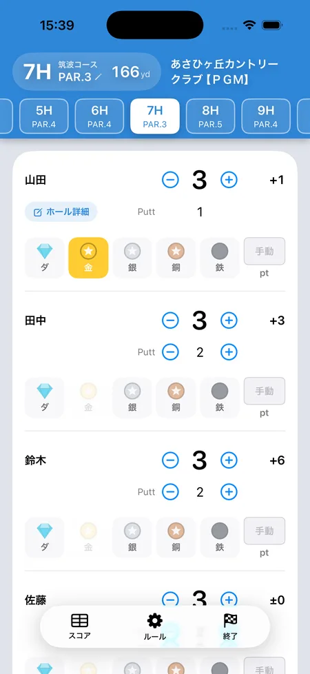 オリンピックのメダル(ダイヤ・金・銀・銅・鉄)を各プレイヤーの行でタップして選ぶSQOREのスコア画面