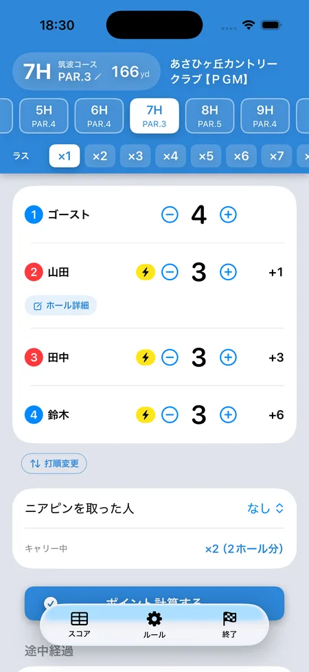 3人ラスベガスで架空の4人目「ゴースト」の打数が自動で入るSQOREのスコア画面