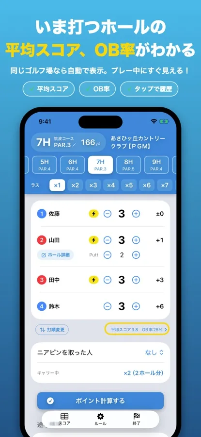 いま打つホールの自分の平均スコアとOB率をスコア画面に自動表示するSQOREの画面